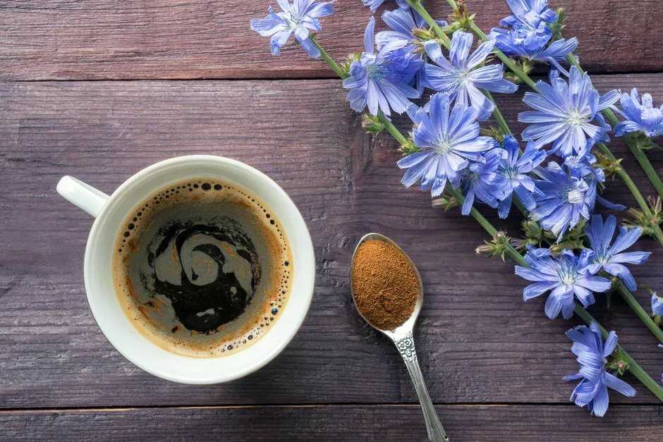 Káva z praženého koreňa čakanky v hrnčeku s vedľa položenou lyžičkou, na ktorej je čakanka a čerstvými kvetmi.