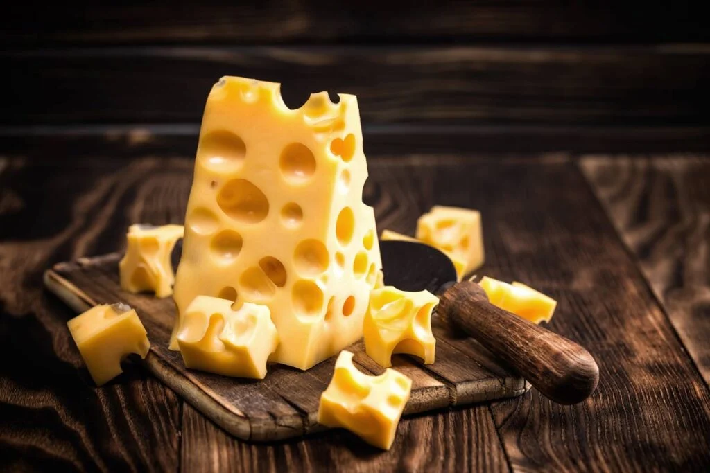 Žltý dierovaný syr nakrájaný na kocky, položený na doske.
