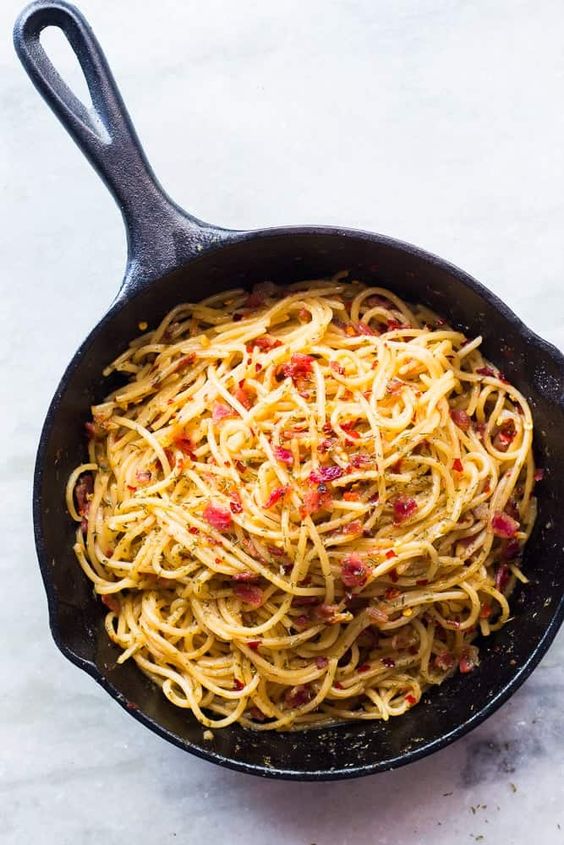 Krémové špagety s parmezánom a slaninou.