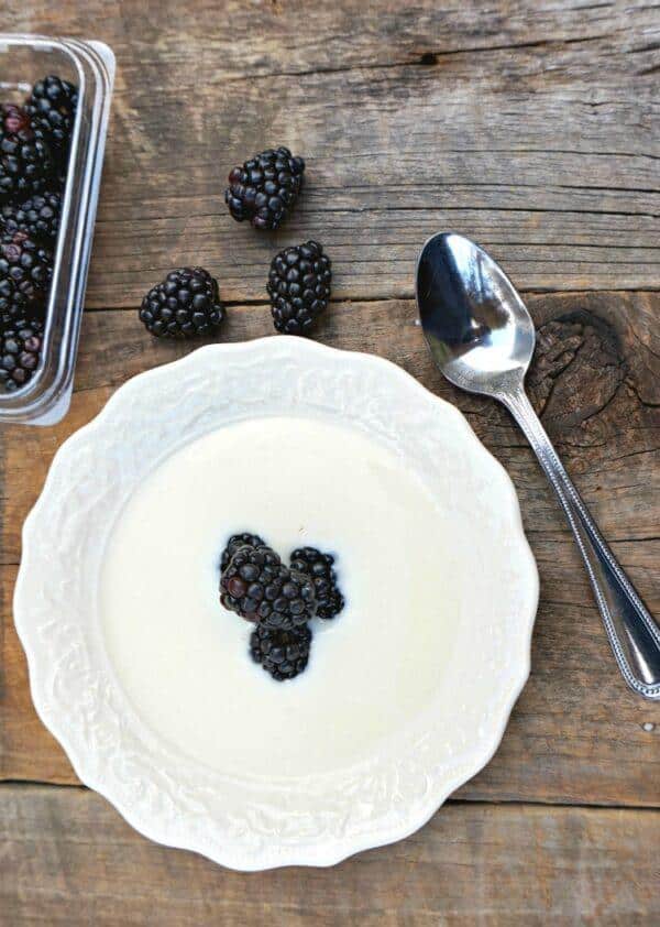 Biely jogurt servírovaný na tanieriku s čerstvými ostružinami s vedľa položenou lyžičkou a ostružinami.