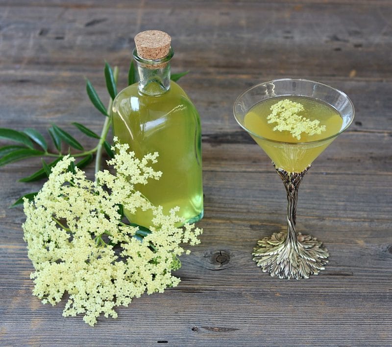 Bazový likér v pohári s vedľa položenými kvetmi a pohárom likéru.